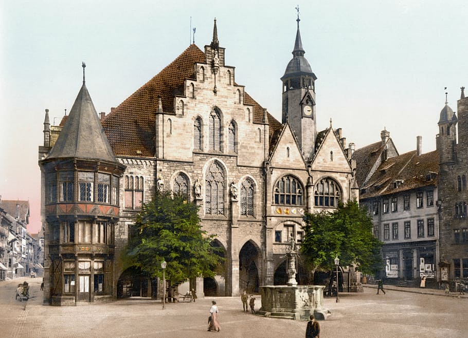 茶色, コンクリート, 教会, 昼間, 市庁舎, ヒルデスハイムドイツ, 1900年, フォトクロム, ドイツ, 都市