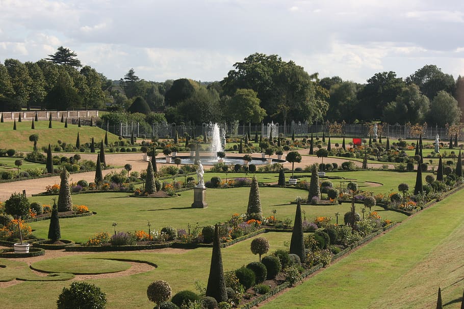 hampton court, gardens, sophistication, palace, symmetry, gardening, topiary, england, tree, plant