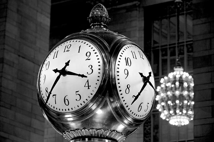 vintage, clock, black and white, chandelier, light, time, architecture, built structure, number, focus on foreground
