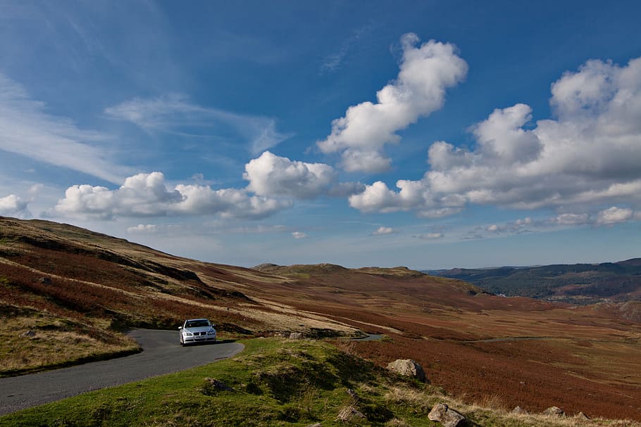 bmw car drives, along, open, twisting, road, BMW, car, drives, Lake District, Cumbria