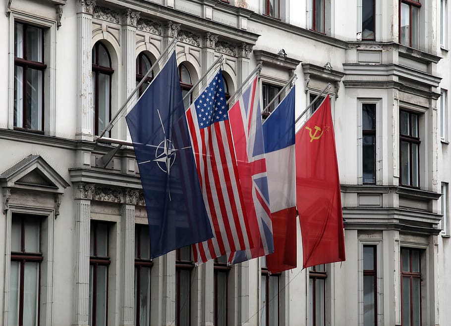 checkpoint charlie, flags, berlin, eastern bloc, nato, usa, france, russia, capital, history