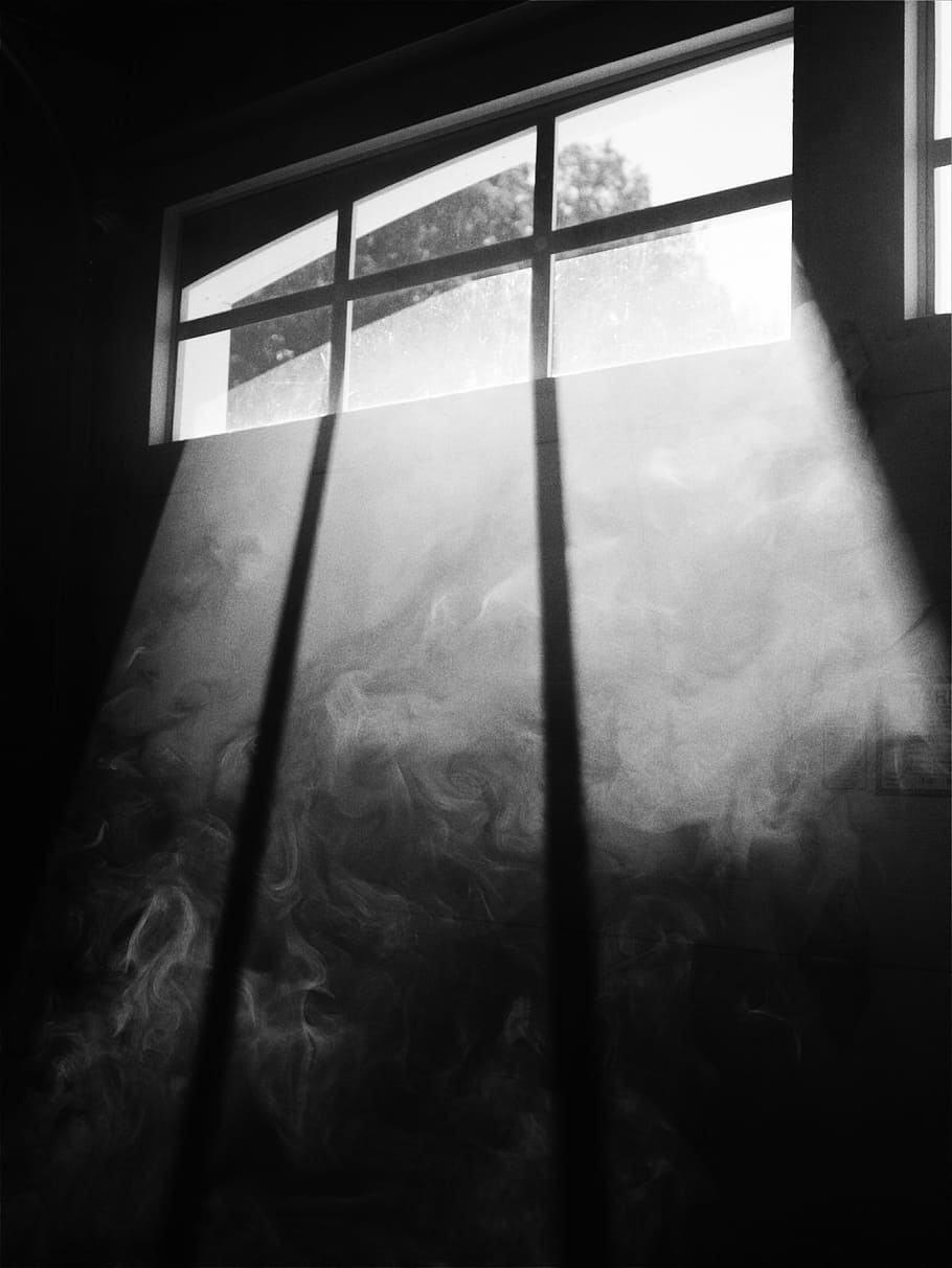 grayscale photo, window, light rays, grayscale, frame, black and white, smoke, sunlight, house, shadow