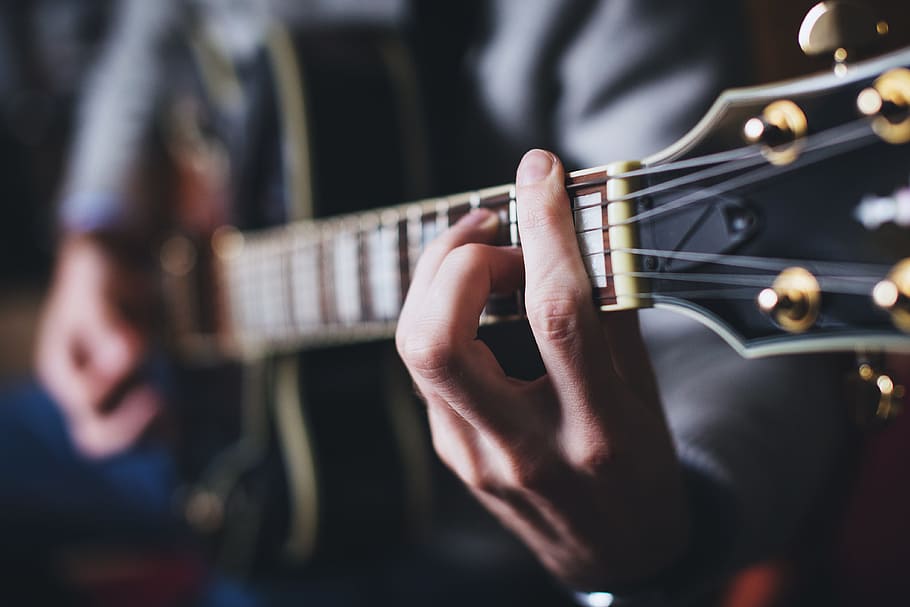 selective, focus photography, person, playing, guitar, people, chord, hand, man, music