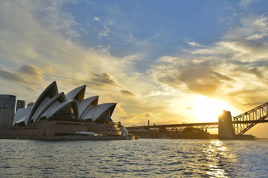sydney opera house, australia, glow, opera house, arsitektur, struktur yang dibangun, langit, matahari terbenam, kota, air