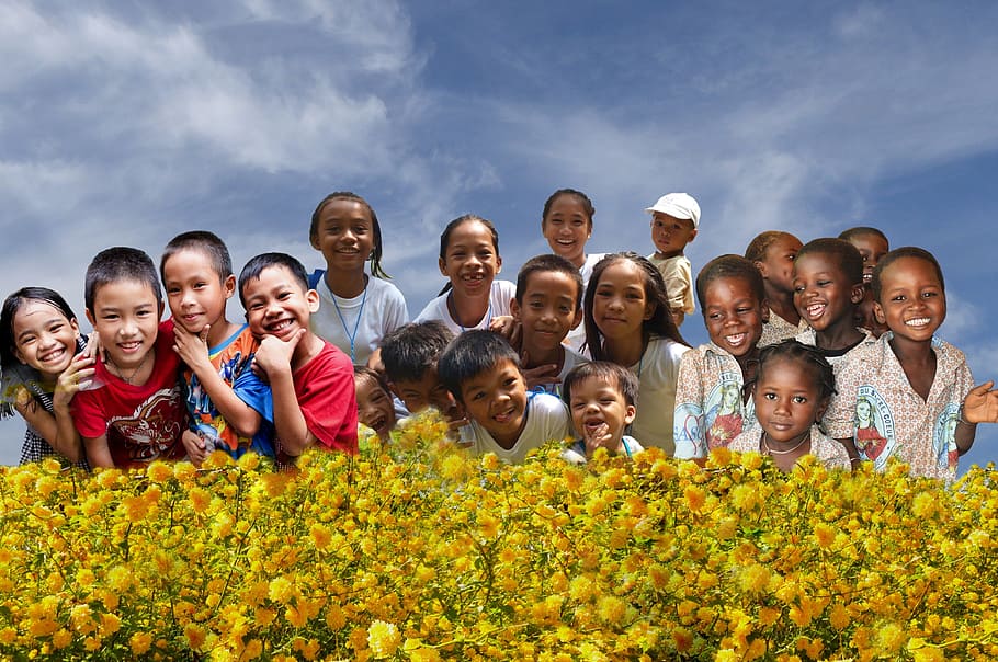 group, children, yellow, petaled flowers, edited, human, group of people, personal, laughing people, joy