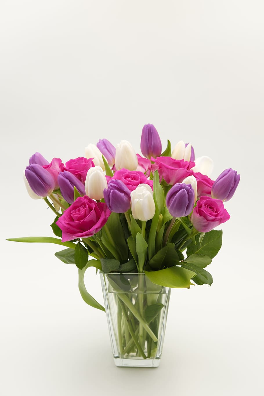 pink, purple, broad, petaled flower arrangement, bouquet, bouquet of roses, tulip bouquet, roses, tulips, flowers