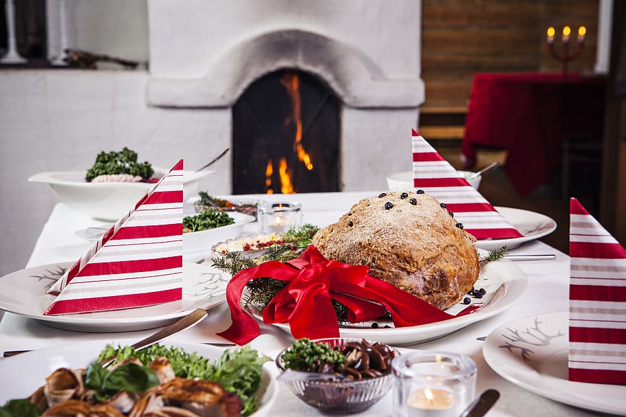 調理済み, 食品, 提供, テーブル, 暖炉, クリスマス, クリスマスランチ, フェスティバル, 火, 幸せな休日