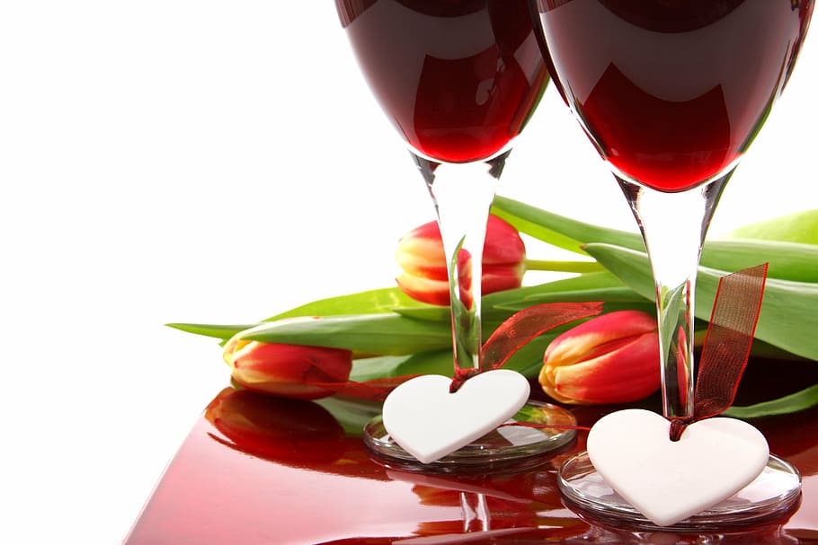 two, clear, wine glasses, red, tulip flowers, anniversary, celebration, date, decoration, drink