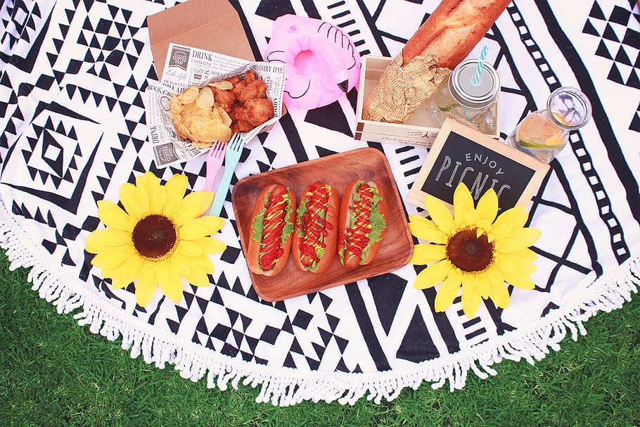 tres, sándwiches de hot dog, nuggets de pollo, papas fritas, baguette, tapete de picnic, hotdog, sándwiches, picnic, tapete
