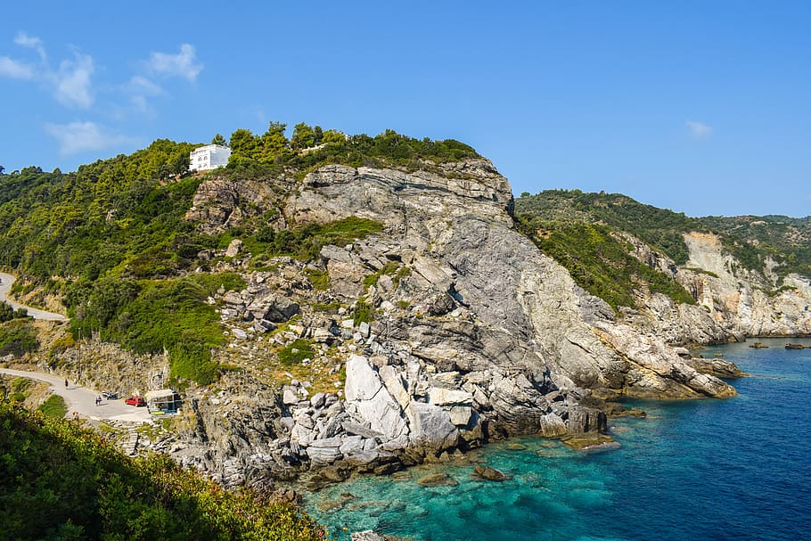 greece, skopelos, kastri, landscape, mountains, coast, cliff, erosion, sea, nature