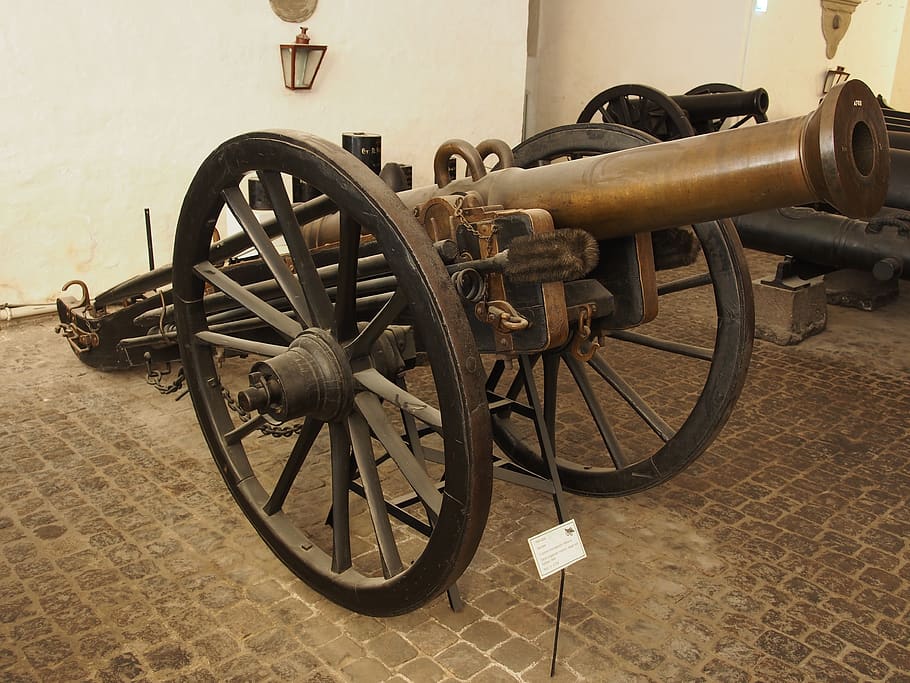 triturador, bronce, cañón, real, danés, arsenal, artillería, mortero, antiguo, metal