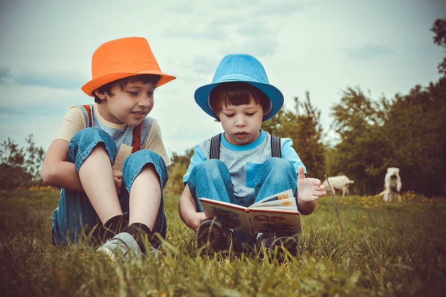 2, 本を読んでいる男の子, 座っている, 緑, 芝生, 2人の男の子, 2人の子供, 読んだ, 草原, 山羊