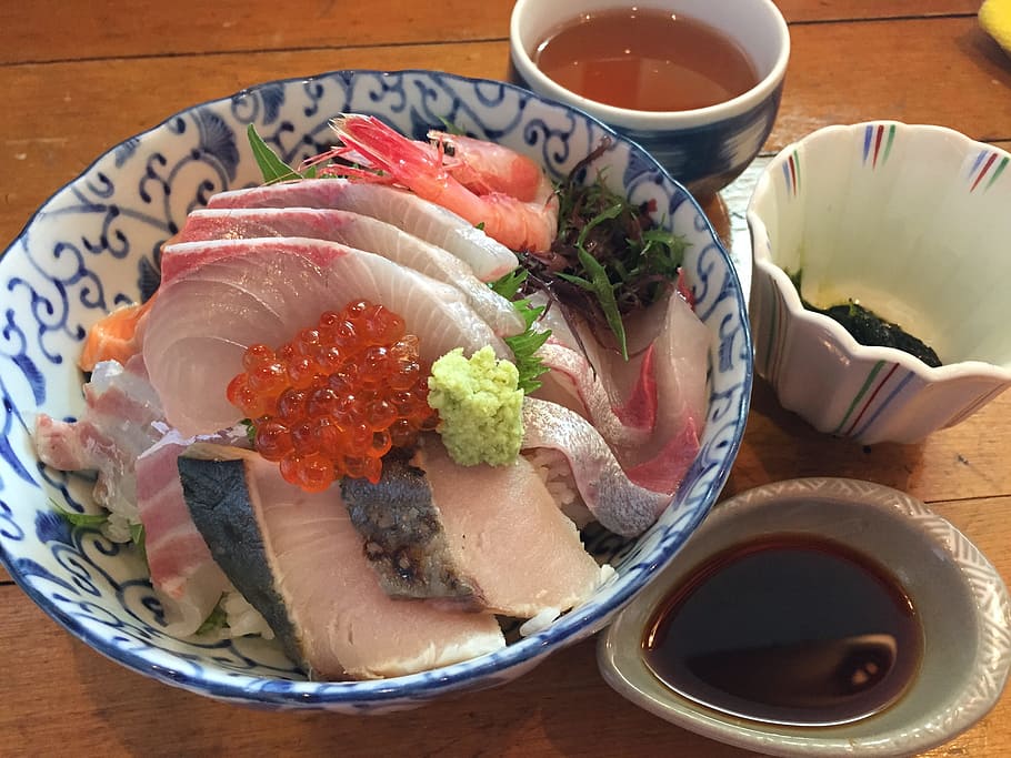 fish and vegetables, seafood, bowl of rice topped with sashimi, japan food, food and drink, food, japanese food, freshness, healthy eating, asian food