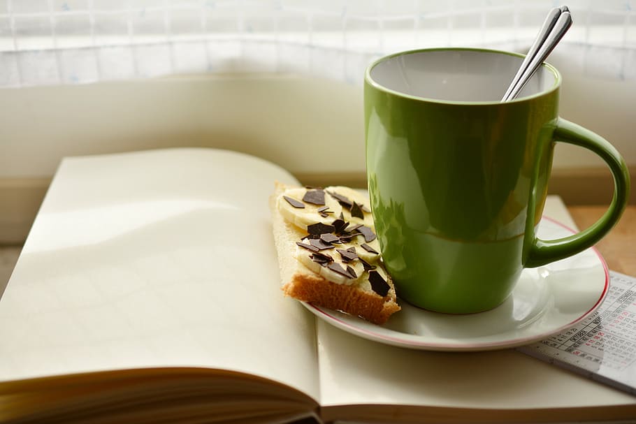blue, ceramic, mug, white, saucer, baked, pastry, cup, book, breakfast