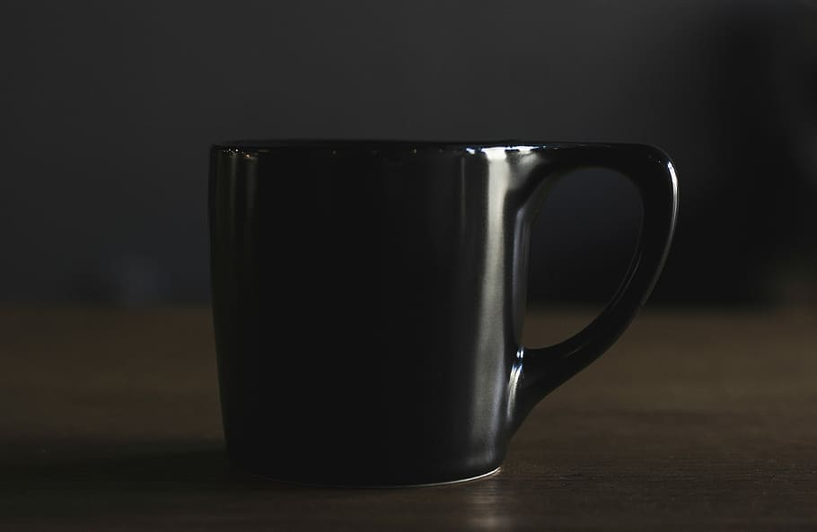 Piala, hitam, kopi, gelap, mug, teh, minuman, meja, kayu - Bahan, close-up