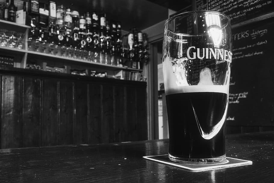 drinking glass, table, pint, guinness, bar, alcohol, beer, ale, glass, pub