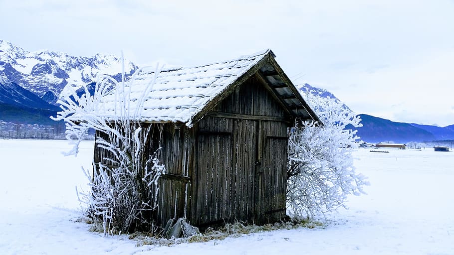 nieve, invierno, frío, cuartel, madera, choza, escarcha, tirol, seda, estructura construida
