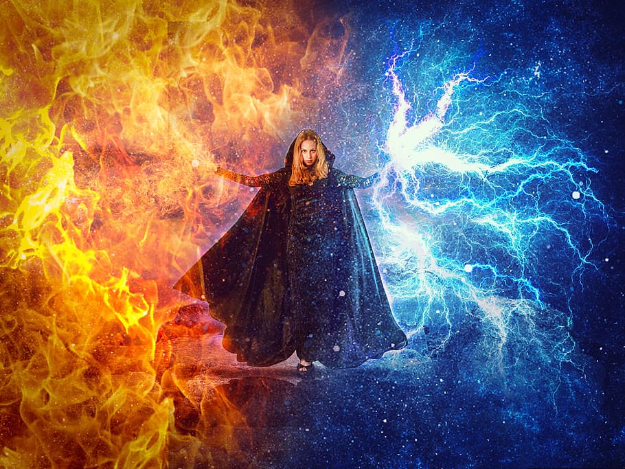 woman, wearing, black, coat, fire, thunder, digital, wallpaper, smoke, hot