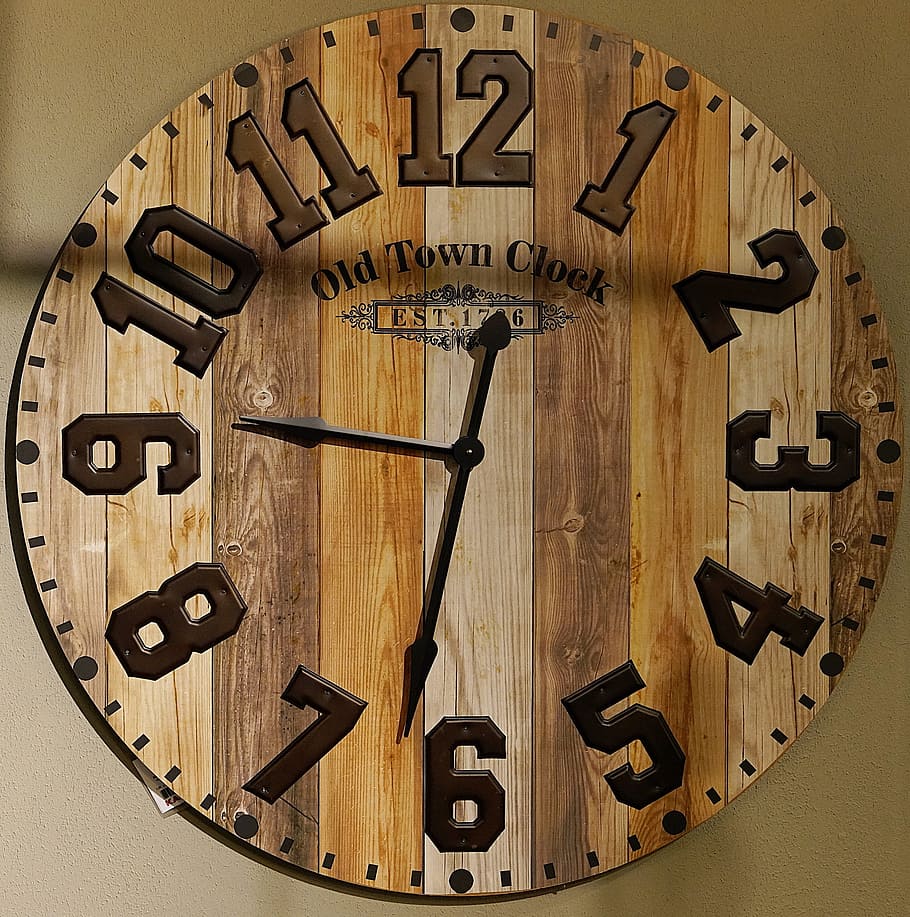 old, town, clock, indoor, wall, wooden, number, wood - material, text, minute hand