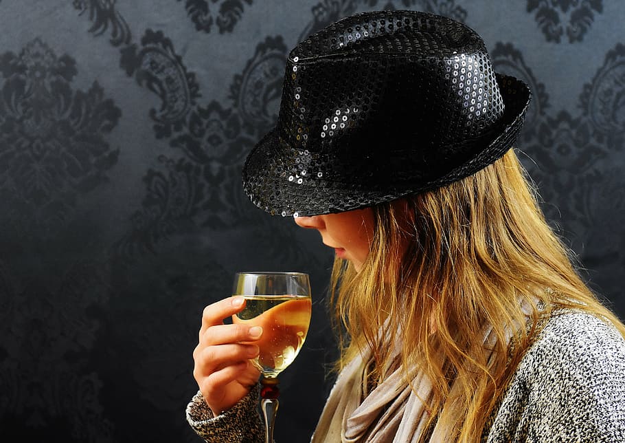 woman, holding, clear, glass goblet, hat, champagne, wine, drink, mysterious, fashion