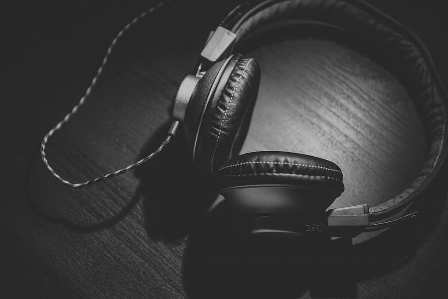 black, corded, headphones grayscale photo, headphones, headset, audio, technology, music, sound, listen