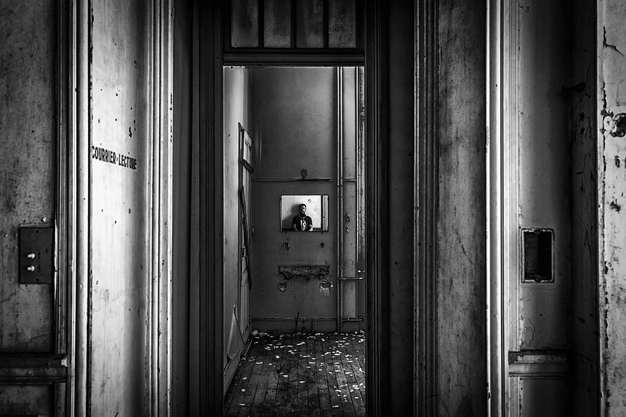 grayscale photo, hallway, lost places, mirror, pforphoto, gloomy, empty, darkness, atmosphere, leave