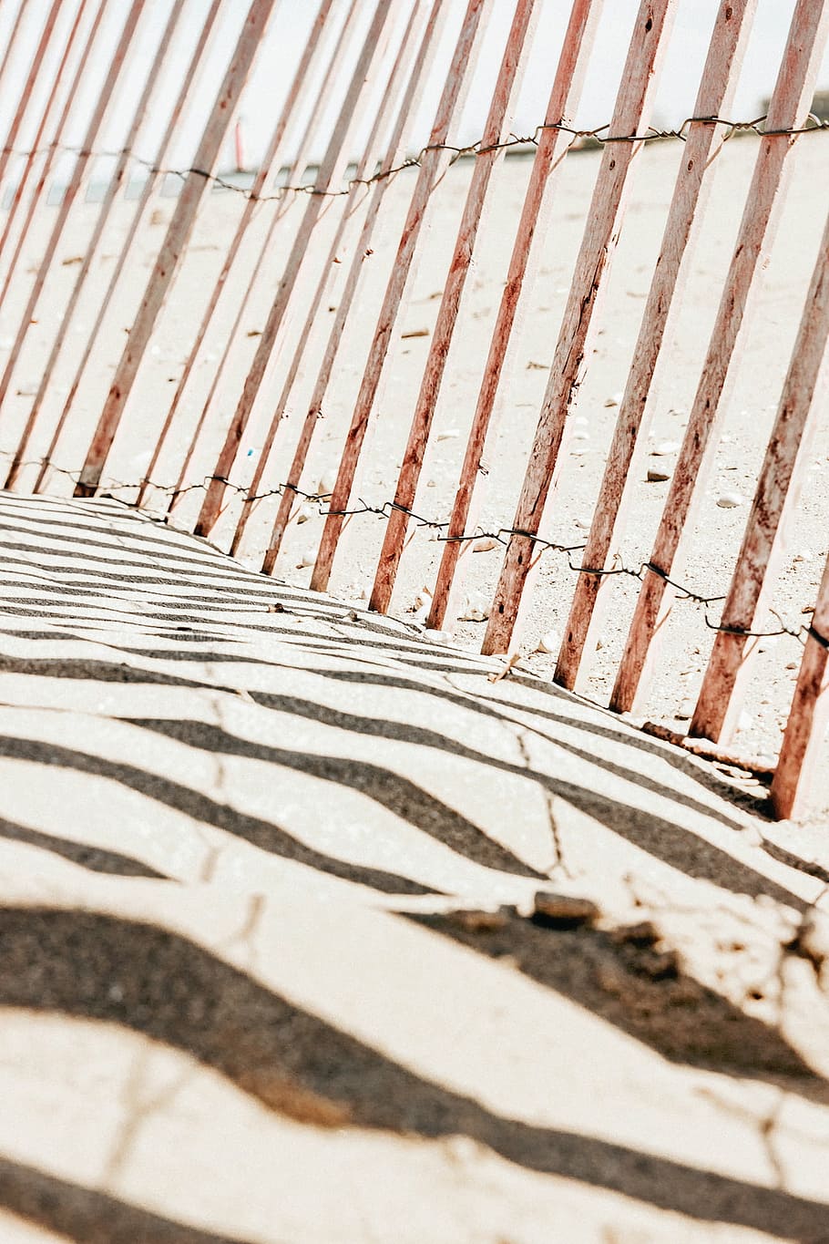 close-up photo, beige, wood panel, beach, sand, brown, wood, fence, shadows, striped