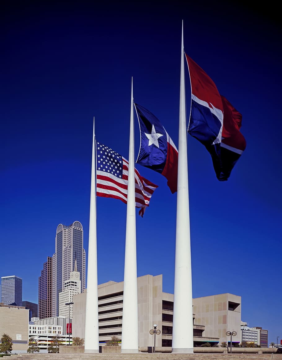 three flags, city hall, plaza, dallas, texas, buildings, skyline, sky, city, cities