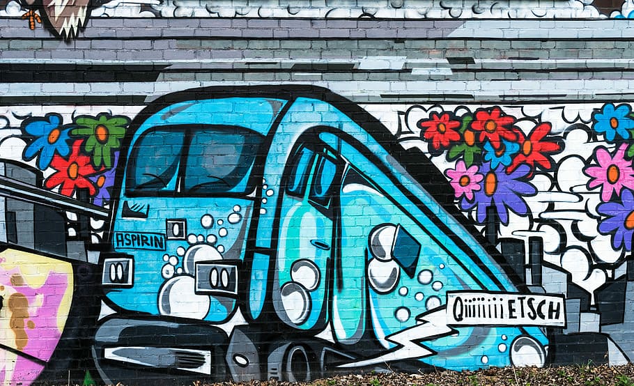 green, white, train art, wall, daytime, Graffiti, Sprayer, Murals, Spray, art