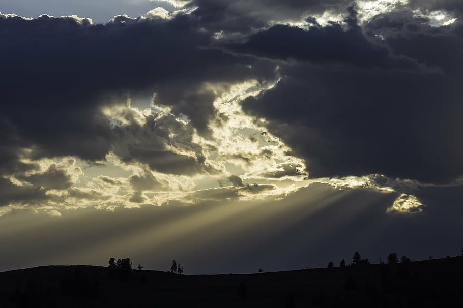 sunset, landscape, scenic, clouds, crepuscular rays, silhouettes, nature, sky, evening, twilight
