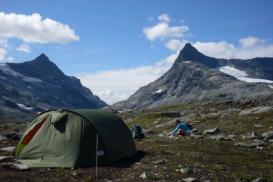 Jotunheimen, Mountain, Norway, Tent, falketind, camping, mountain range, landscape, scenics, sky