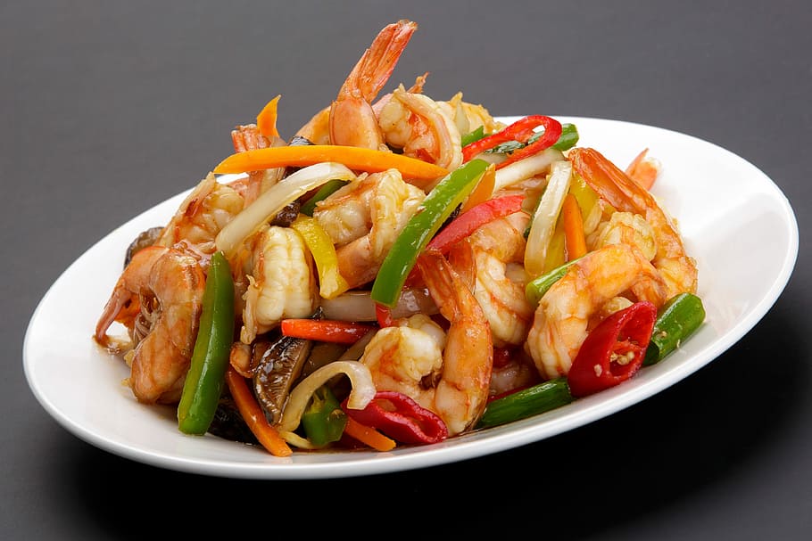 frite o camarão, comida, refeição, vegetais, jantar, prato, camarão chinês, tiro do estúdio, vegetal, comida e bebida