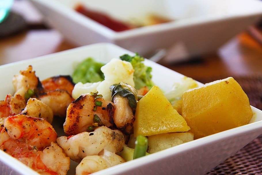 cooked, shrimps, potato, platter, prawn, vegetables, food, salads, delicious, maldives