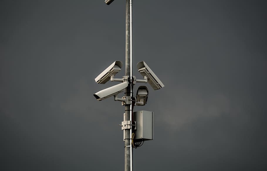 surveillance, camera, tower, post, technology, security camera, copy space, pole, gray, security