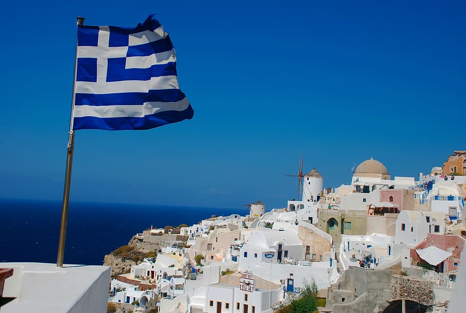 santorini, greece, flag, greek, island, travel, europe, mediterranean, aegean, sea