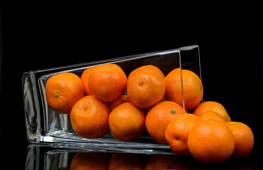 cerrado, fotografía, pila, naranja, fruta, claro, vaso de vidrio, mandarinas, fresco, saludable