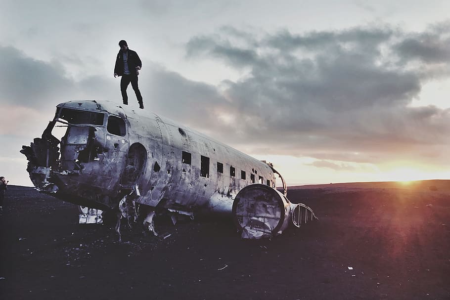 standing, abandoned, airplane, Man, Iceland, people, travel, men, sky, outdoors