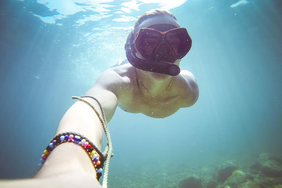 bawah air, menyelam / snorkeling, / selfie snorkeling, Selam bawah air, Snorkeling, Selfie, Laut, menyelam, manusia, olahraga