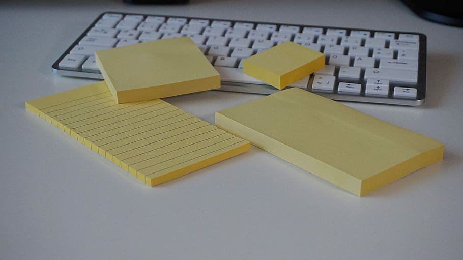 Postit, Sticky Notes, Adhesive, adhesive note, office accessories, memo pad, yellow, indoors, close-up, white background