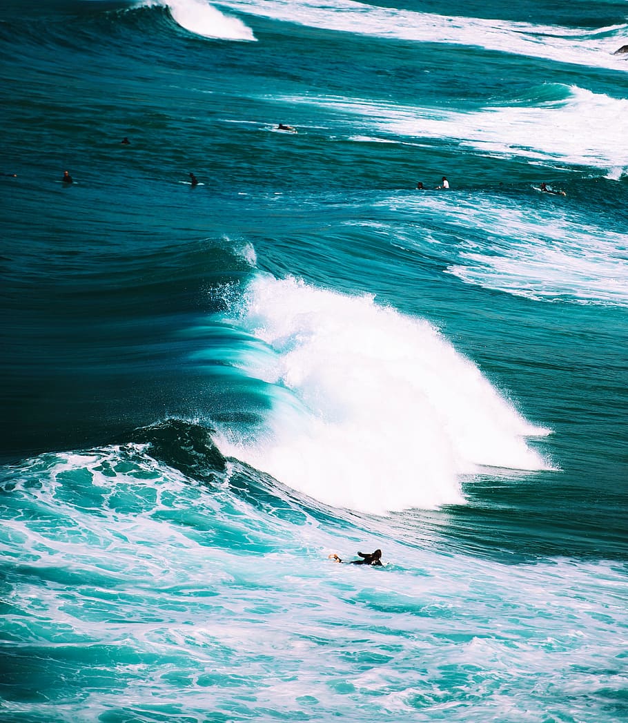 aérea, ver fotografia, pessoa surfando, ondas do mar, azul, água, mar, oceano, pessoas, natação