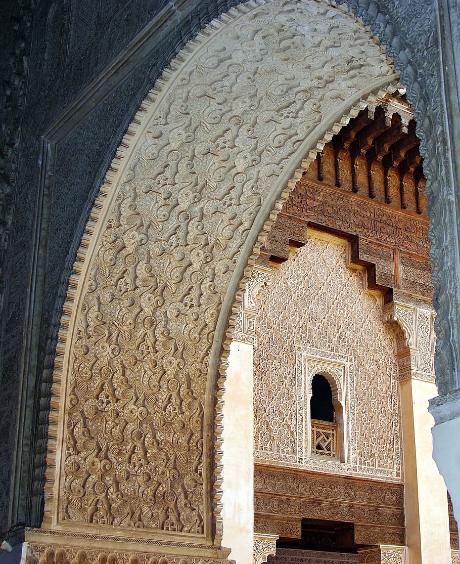 gray concrete arch, morocco, marrakech, arc, decoration, arabesques, ornaments, architecture, built structure, building exterior