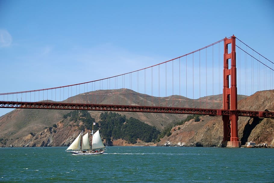 san francisco, bridge, united states, california, architecture, blue, red, red bridge, tourist site, water
