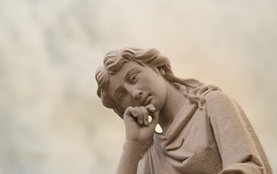 female concrete statue, angel, profile, sky, face, head, statue, sculpture, art, view