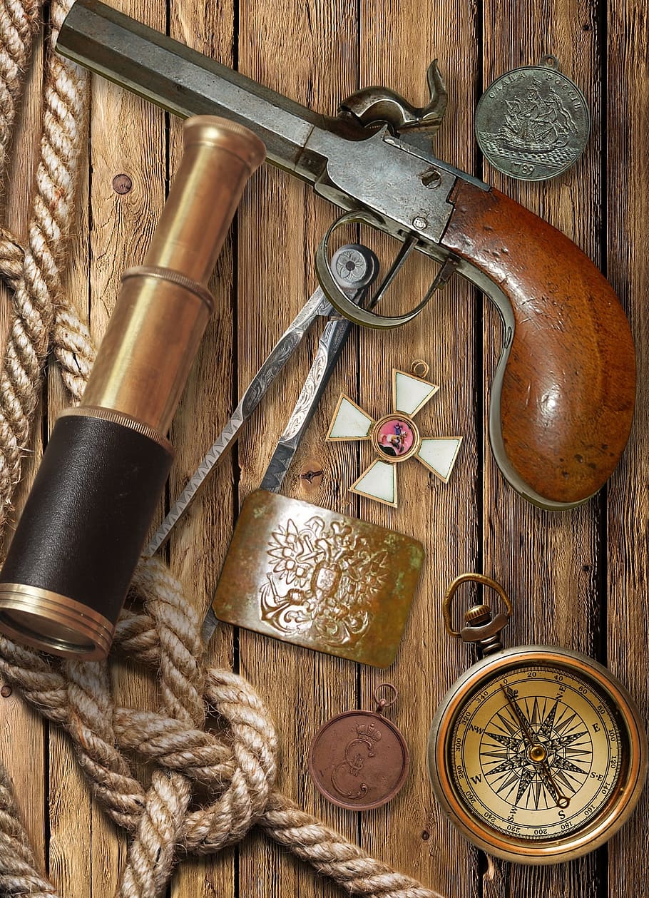 vintage, pistol, gold spyglass, table, flintlock pistol, spyglass, compass, decoration, medal, rope
