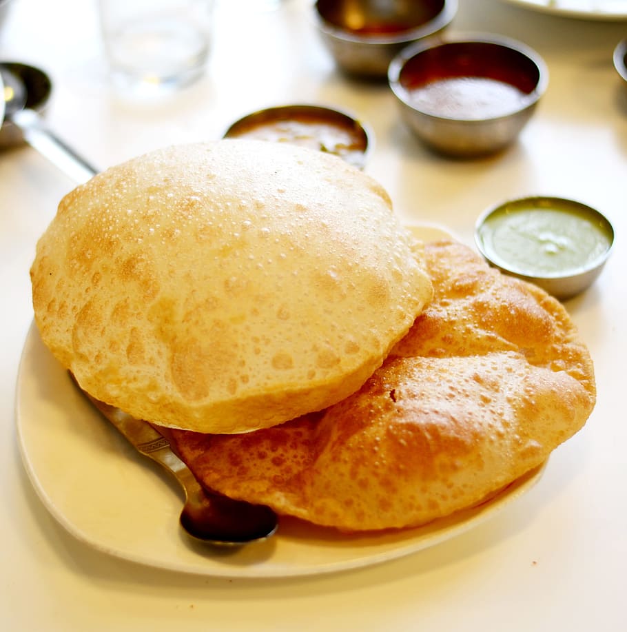 two, pancakes, plate, Indian Food, Puri, food, indian, delicious, meal, poori