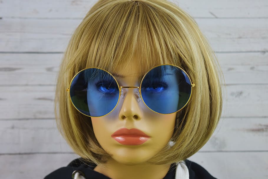 closeup, mannequin, wearing, blonde, wig, sunglasses, woman, pretty, glasses, funny