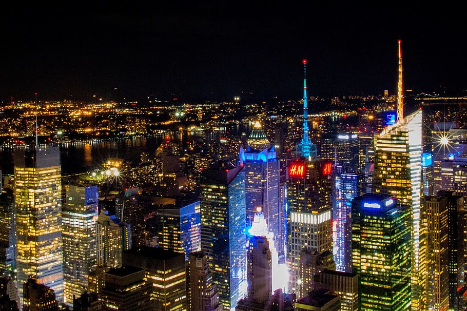 udara, tembakan, gedung tinggi, bangunan, lampu, malam hari, new york, manhattan, malam, negara kekaisaran