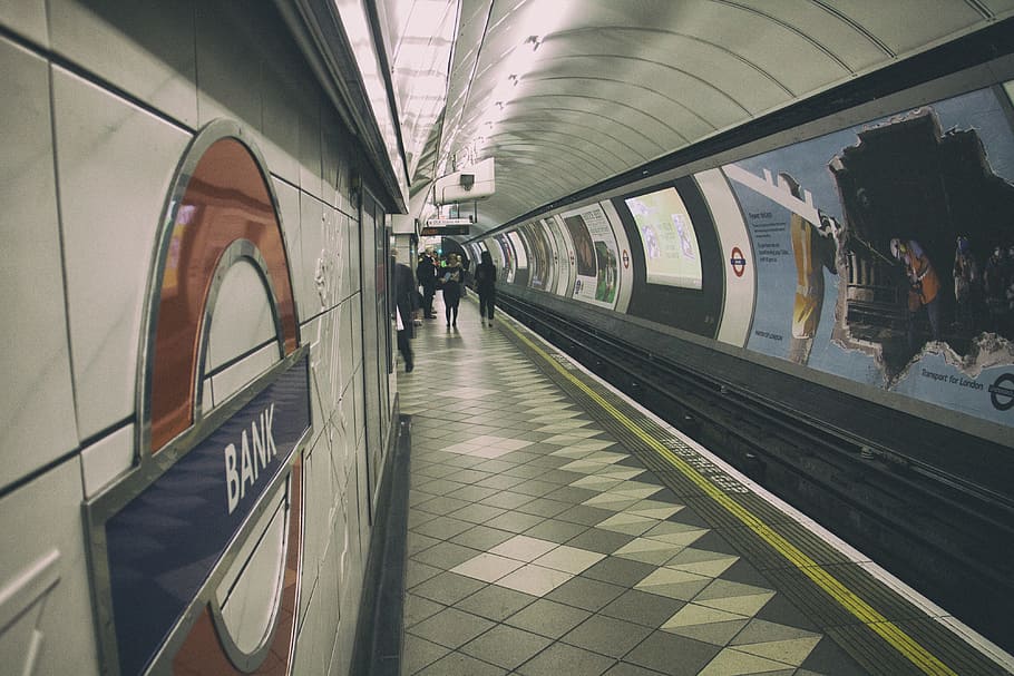 tiro, plataforma, Londres, subterrâneo, Estação de metrô Bank, London Underground, urbano, metrô, trem, transporte
