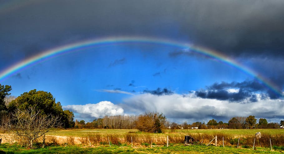 Rainbow, Field, Landscape, Nature, Sky, day, beauty in nature, arco iris, ambiente, cielo
