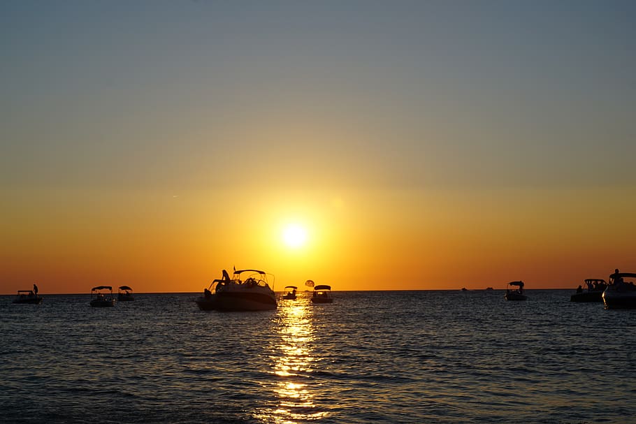 sunset, sankt antoni, ibiza, sea, boats, sky, water, transportation, nautical vessel, orange color